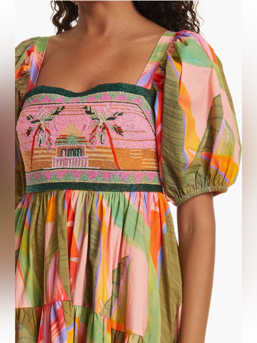 FARM Rio Multicolor Tropical-Leaf Tiered Midi Dress - Picture 4 of 8